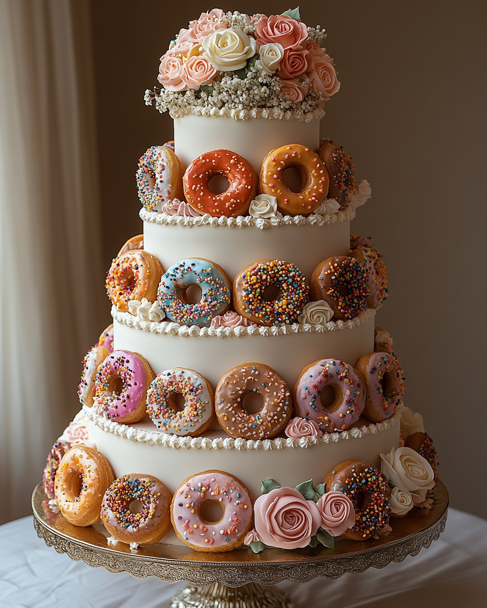 Colorful Doughnut Wedding Cake on Pedestal Stand