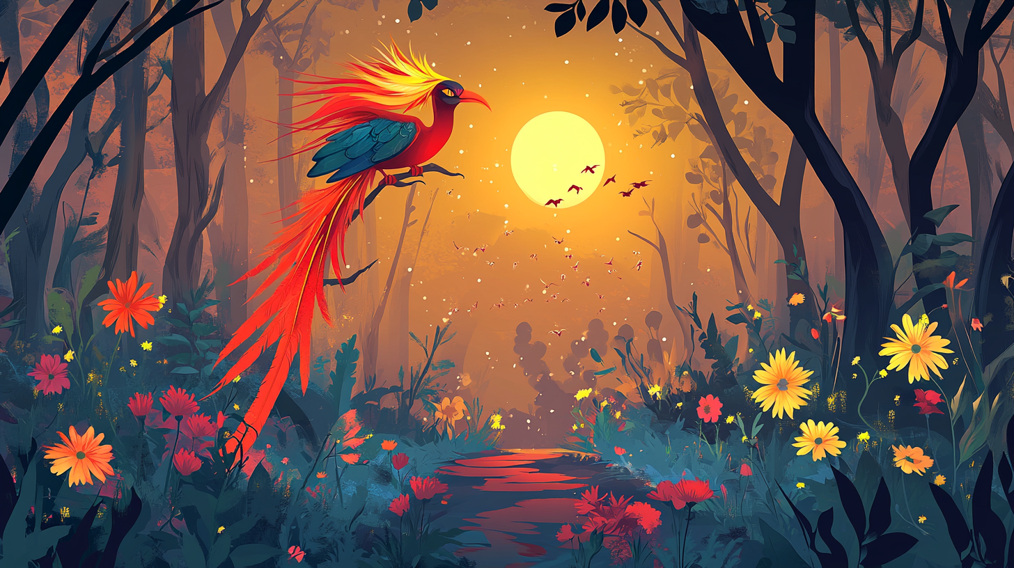 Colorful Fairy Tale Forest with Firebird and Flowers