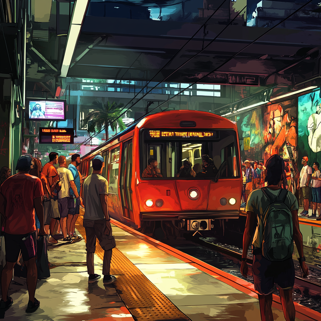 Colorful GTA V style metro station with diverse crowd.