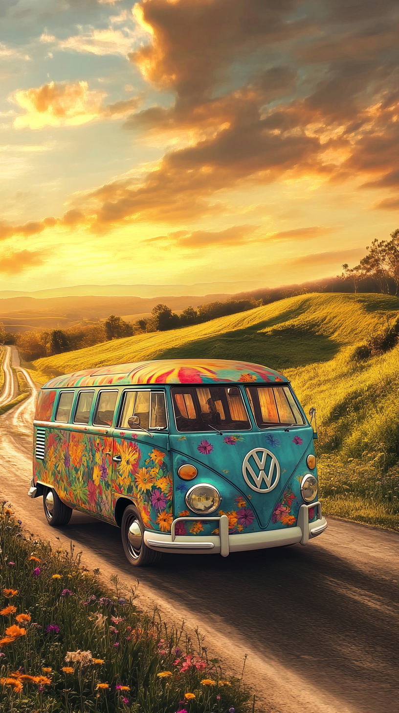 Colorful Hippie Van Driving to Woodstock