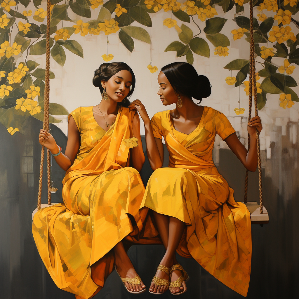 Colorful Indian Girls Swinging Under Mango Tree Painting