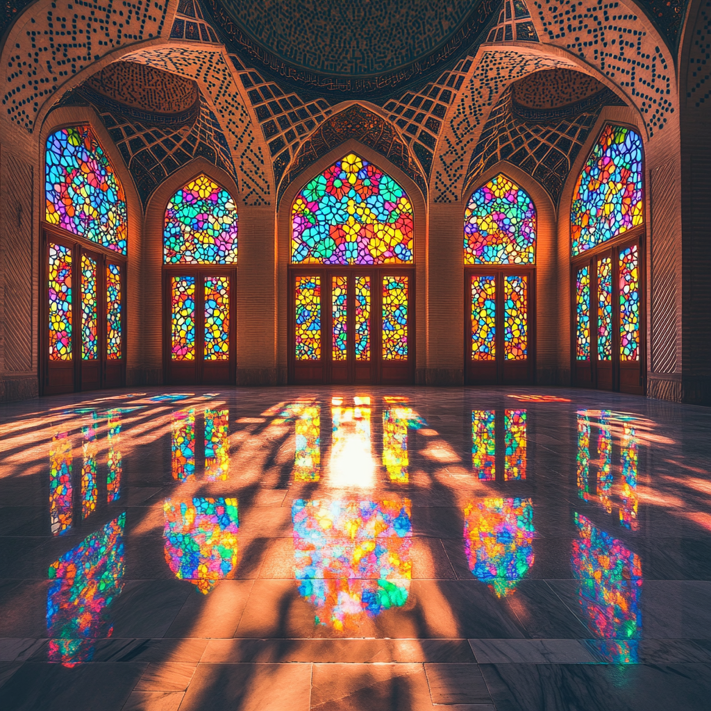 Colorful Iranian mosque interior with stained-glass windows reflections.