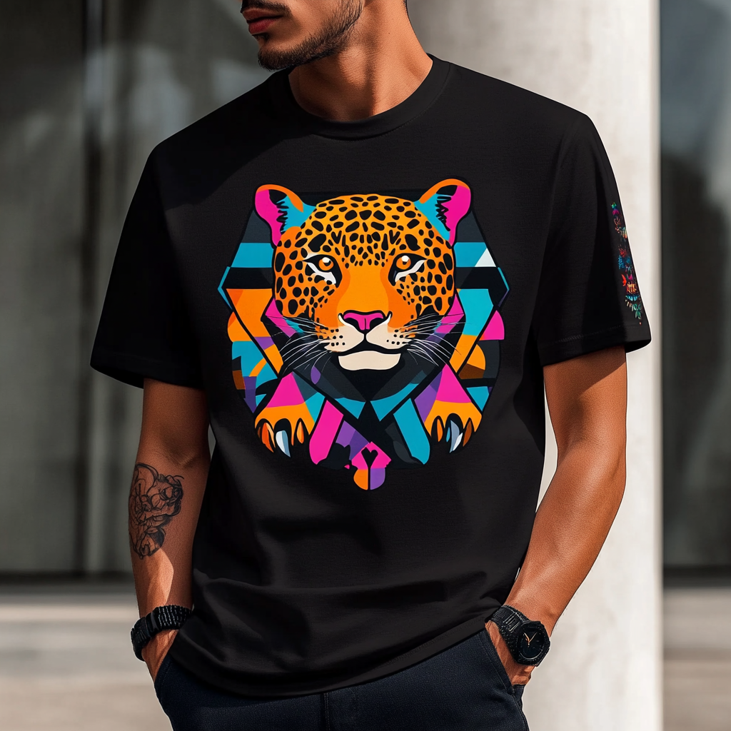 Colorful Jaguar T-Shirt with Cartoon Design and Geometric Details.