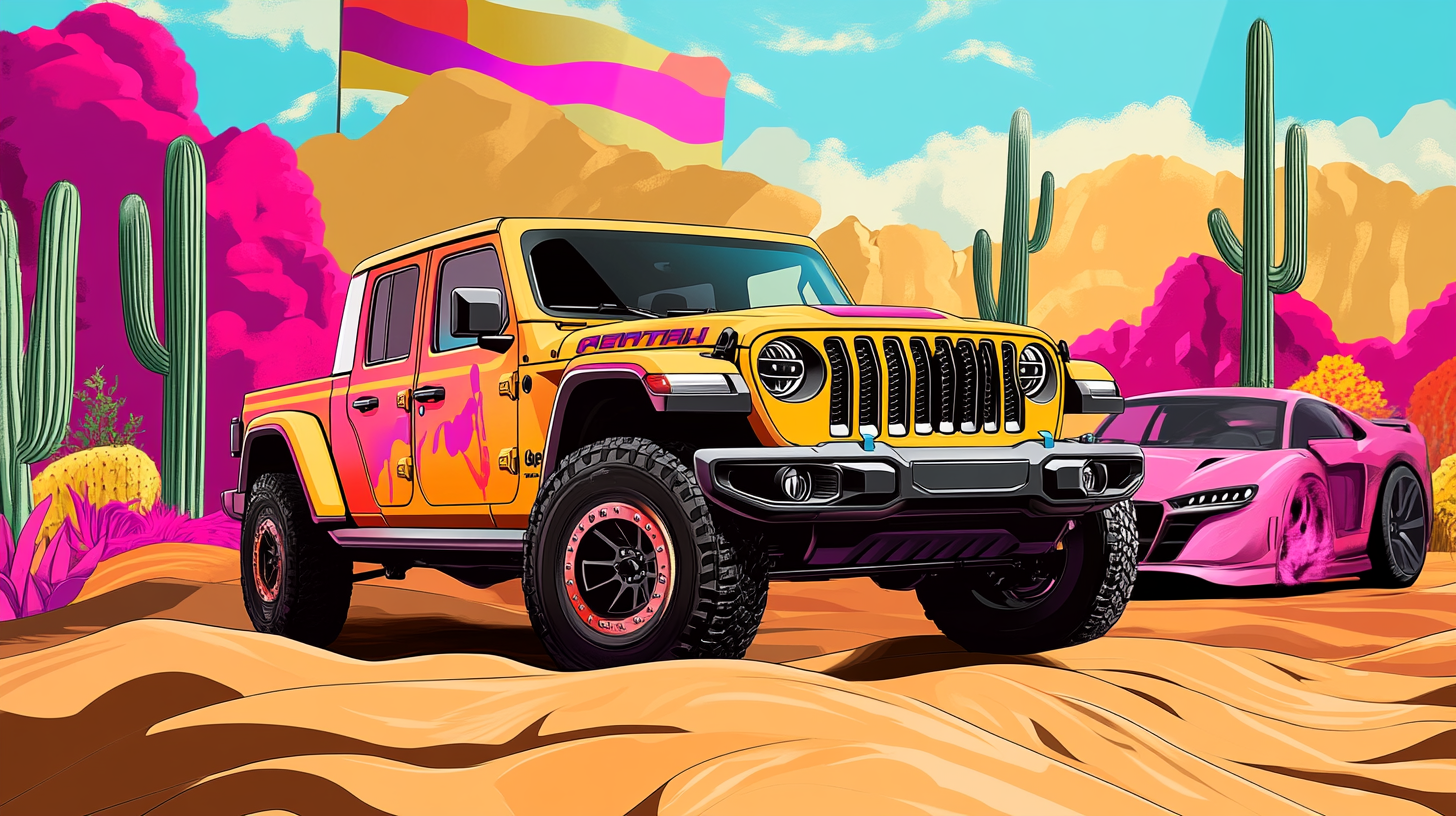 Colorful Jeep Gladiator and Audi R8 in Arizona desert.