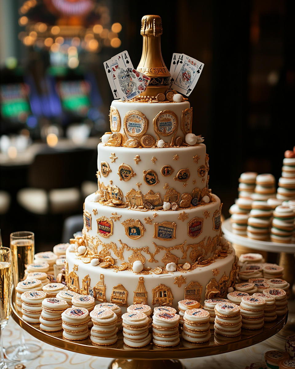 Colorful Las Vegas themed wedding cake with treats