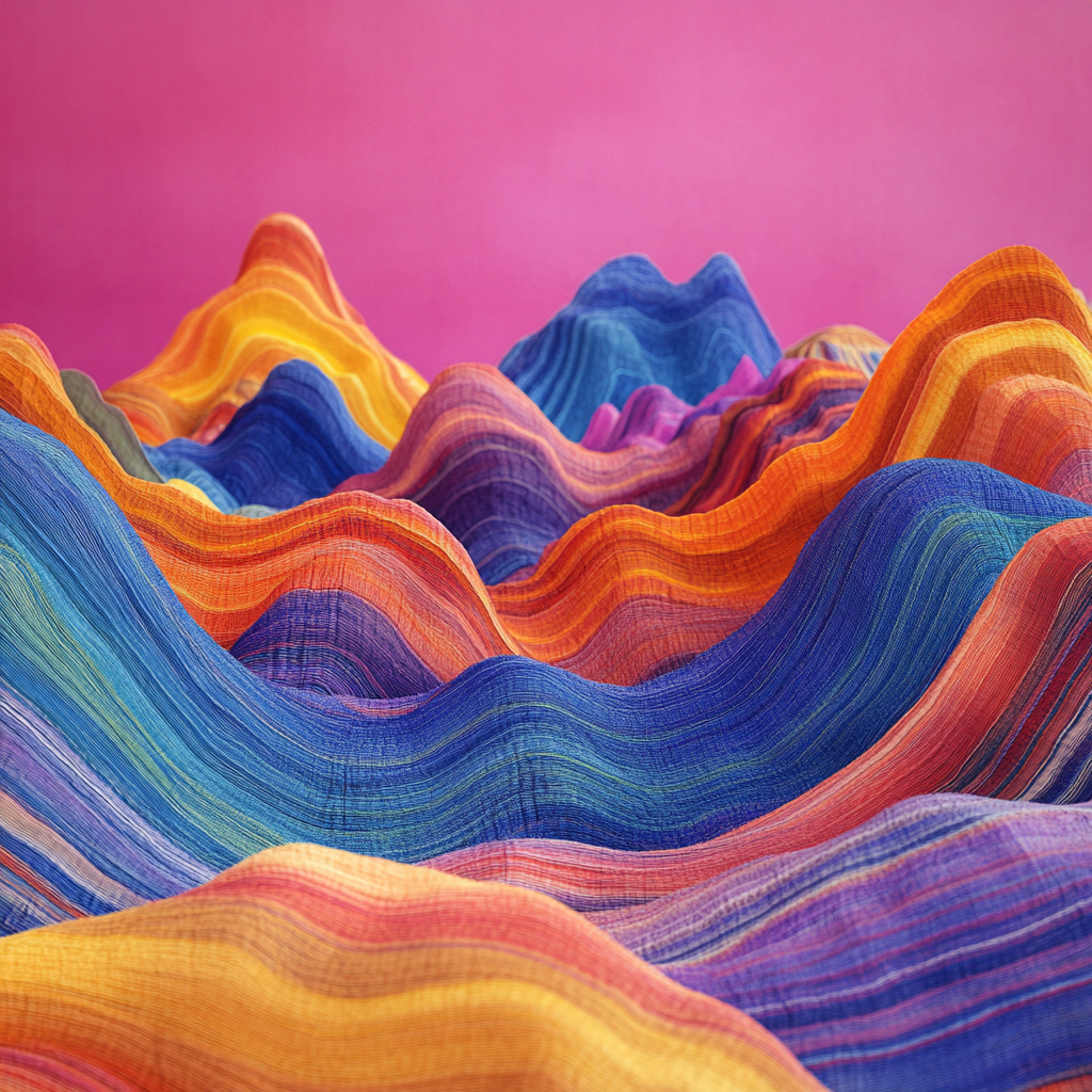 Colorful Mountain Landscape on Magenta Background, Wide Angle