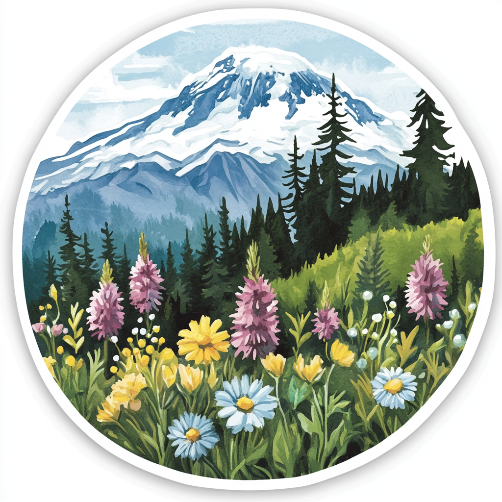 Colorful Mt. Rainier National Park Sticker Illustration