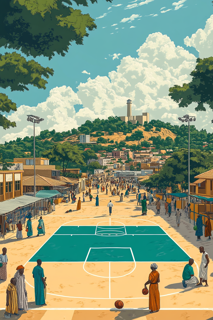 Colorful Nigerian culture captured in Abuja cityscape with basketball.