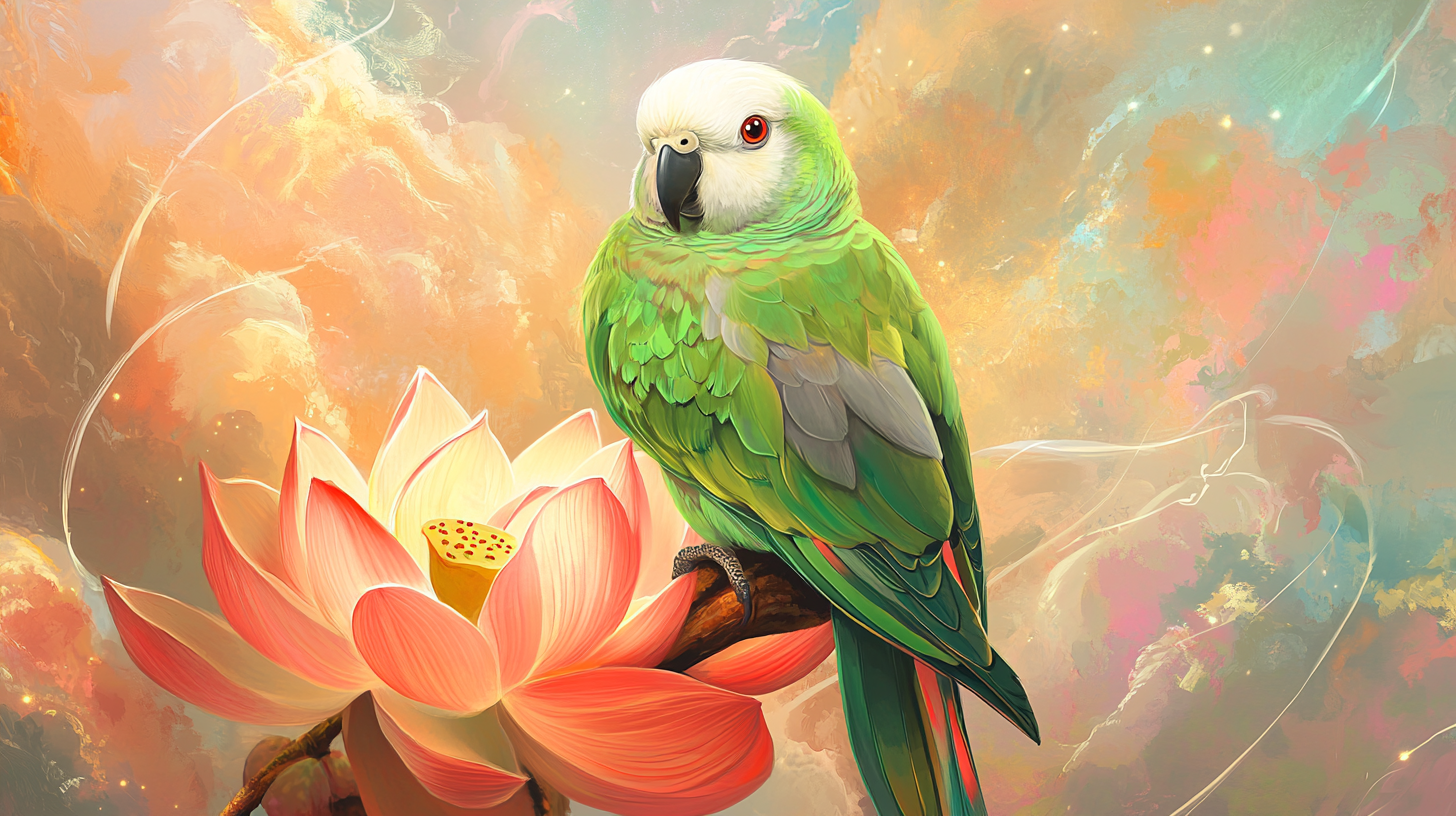 Colorful Quaker Parrot Bodhisattva illustration on vivid landscape.