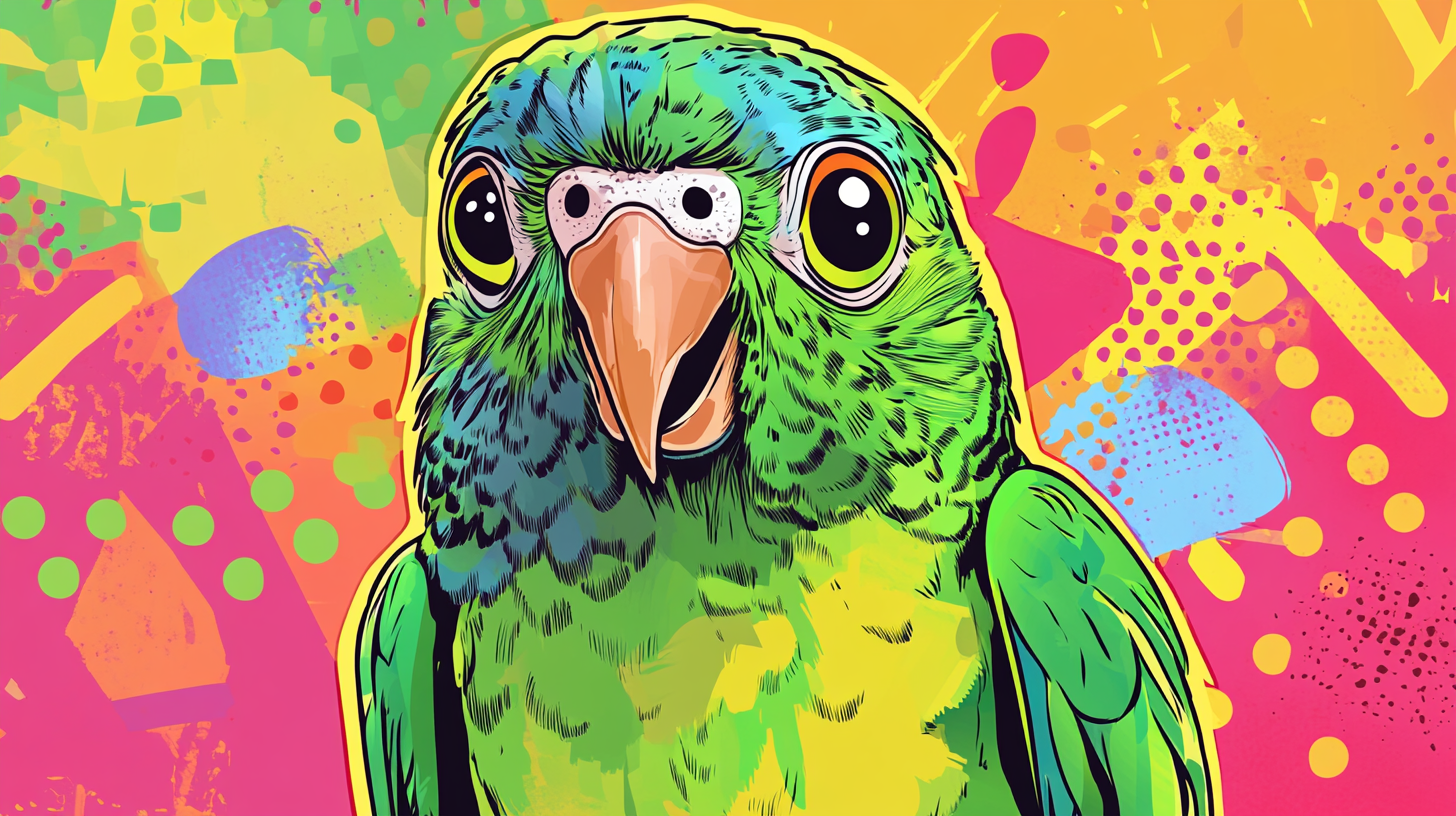 Colorful Quaker Parrot as Bodhisattva in playful pop art.