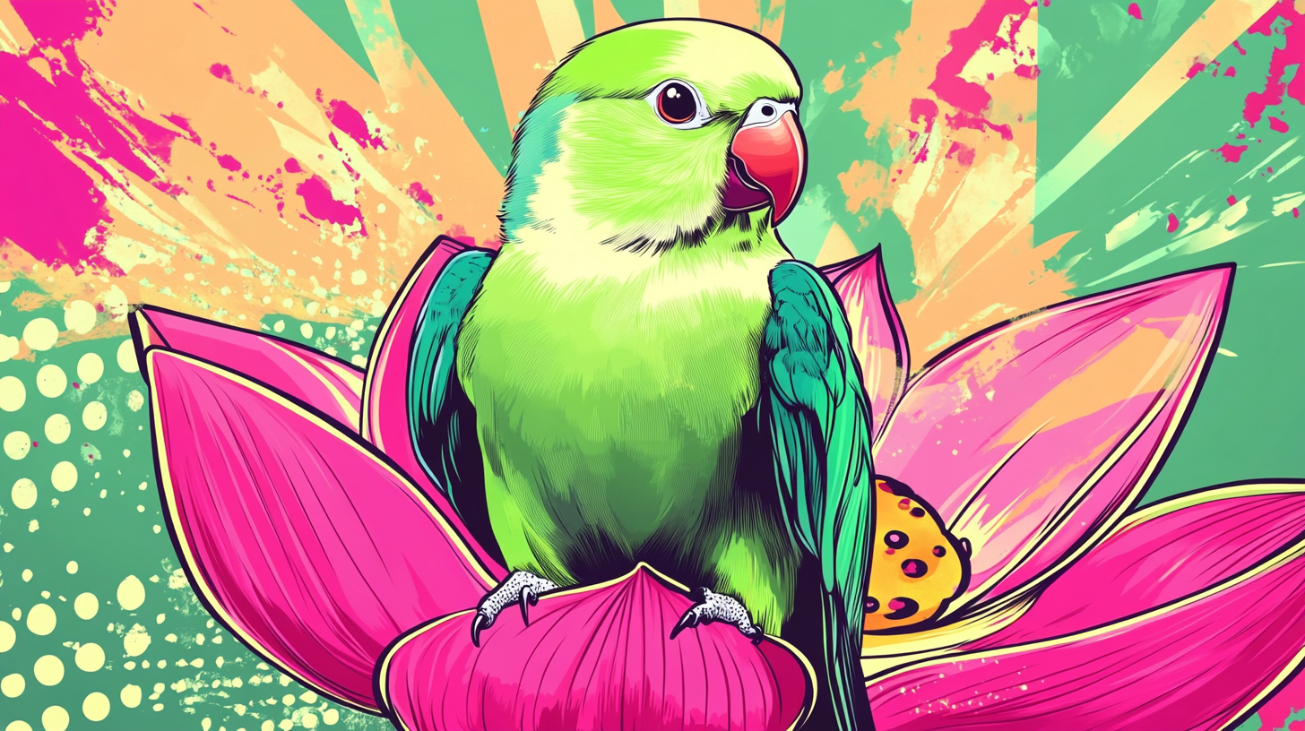 Colorful Quaker Parrot on lotus flower in vibrant artwork.