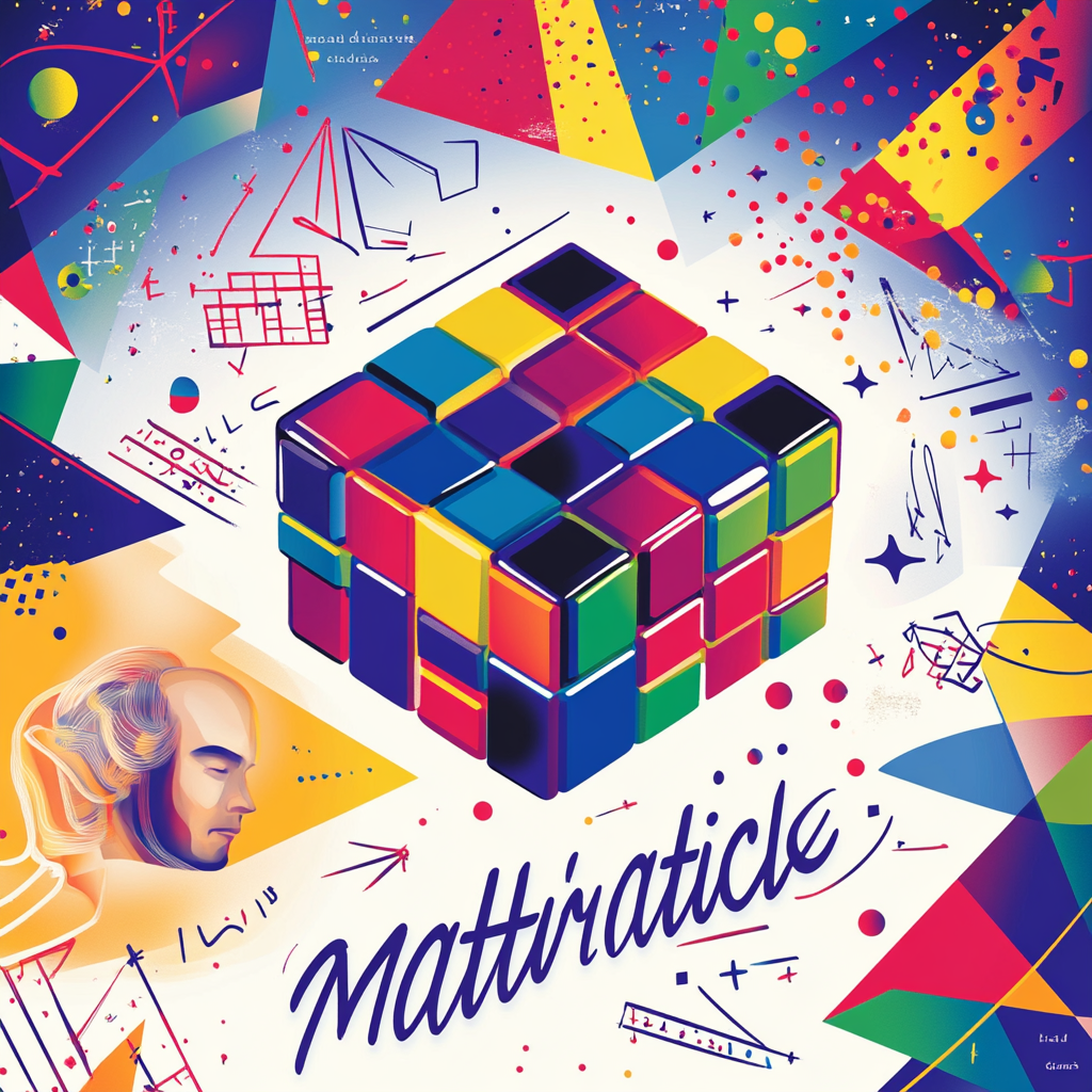 Colorful Rubik's Cube surrounded by geometric shapes and equations.