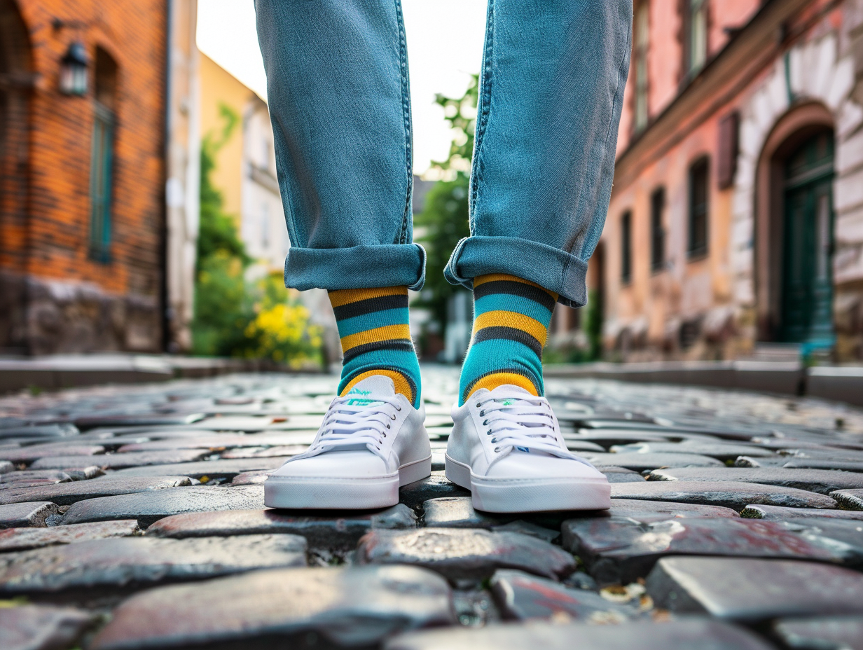 Colorful Socks Paired with Sneakers on Cobblestone Street