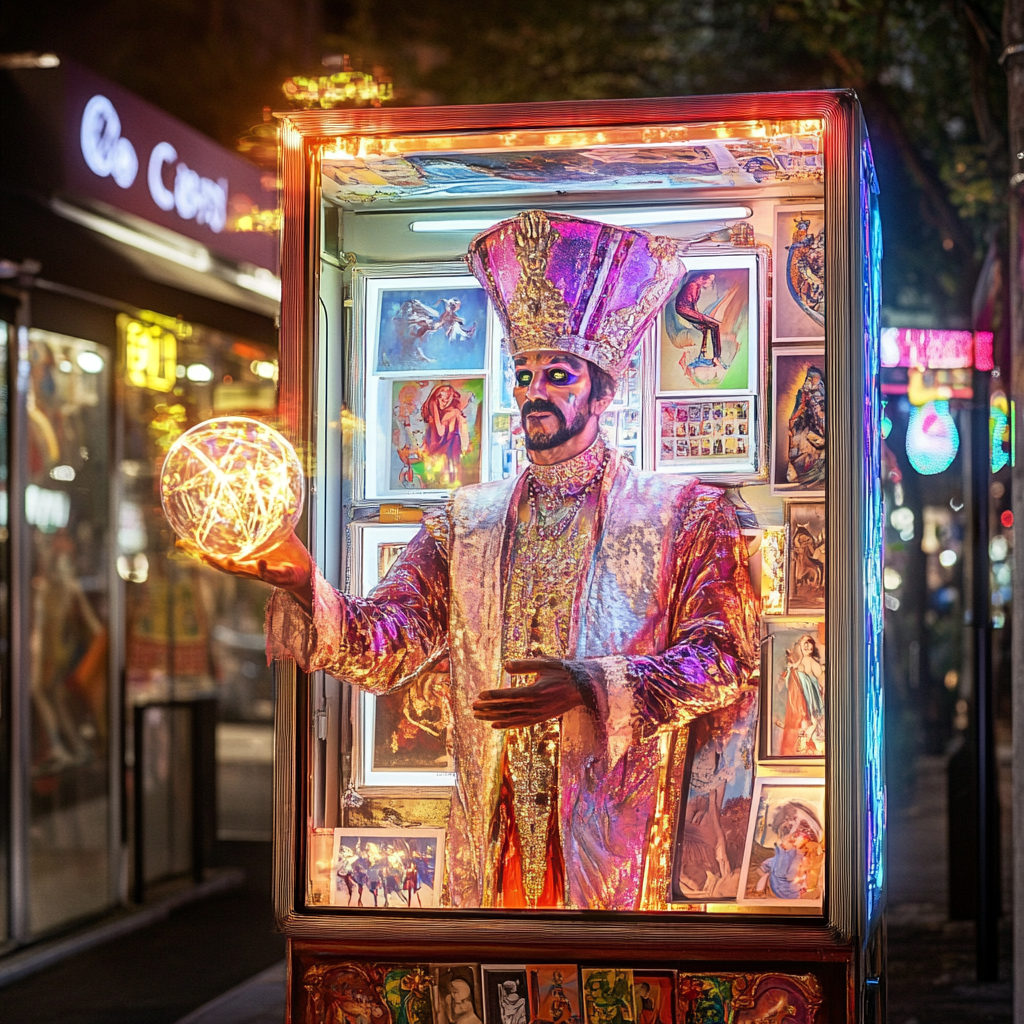 Colorful Zoltar machine in bustling city offers art fortunes.