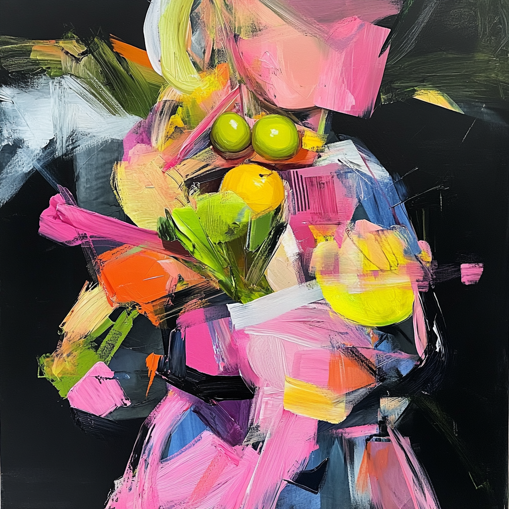 Colorful abstract painting with blurred female figure on fruit.