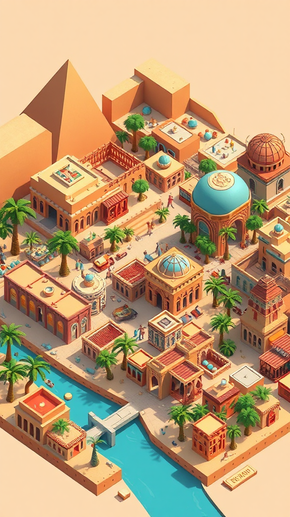 Colorful ancient and modern Cairo in isometric view.