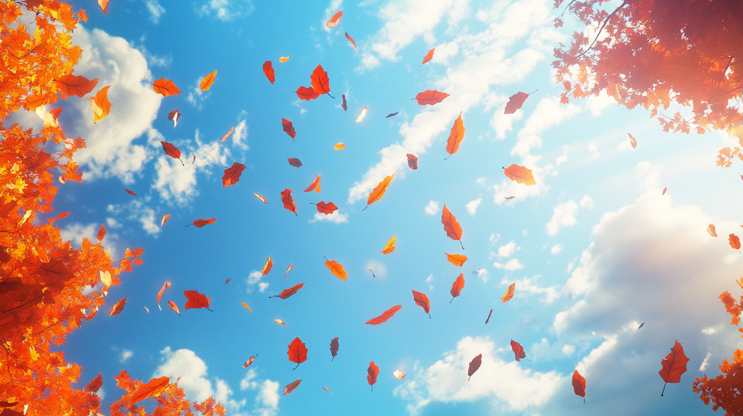 Colorful autumn leaves dancing in sunny blue sky.