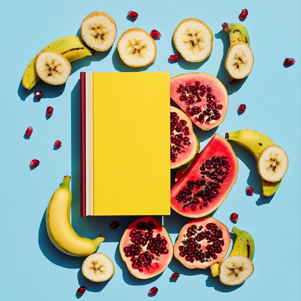 Colorful background with fresh fruits, minimal top half.