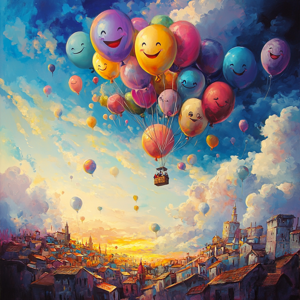 Colorful balloons lift villages, sky painted soft pastel.