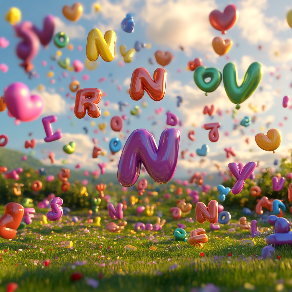 Colorful balloons shaped like English letters fill sky.