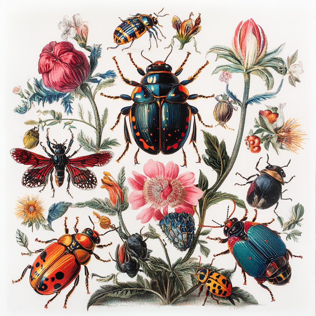 Colorful beetles and various plants in Merian Sybilla style.