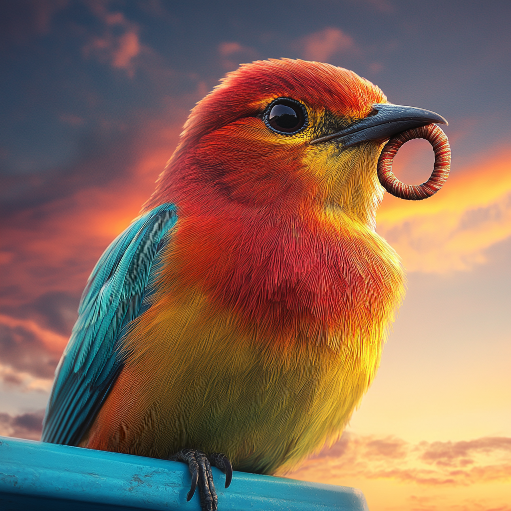 Colorful bird with worm on container with sunset background.