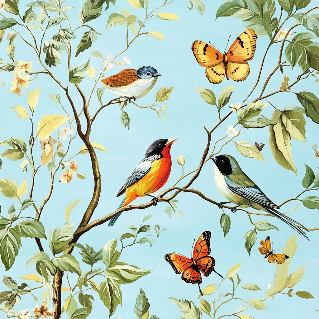 Colorful birds and butterflies among detailed leaves with blue sky.