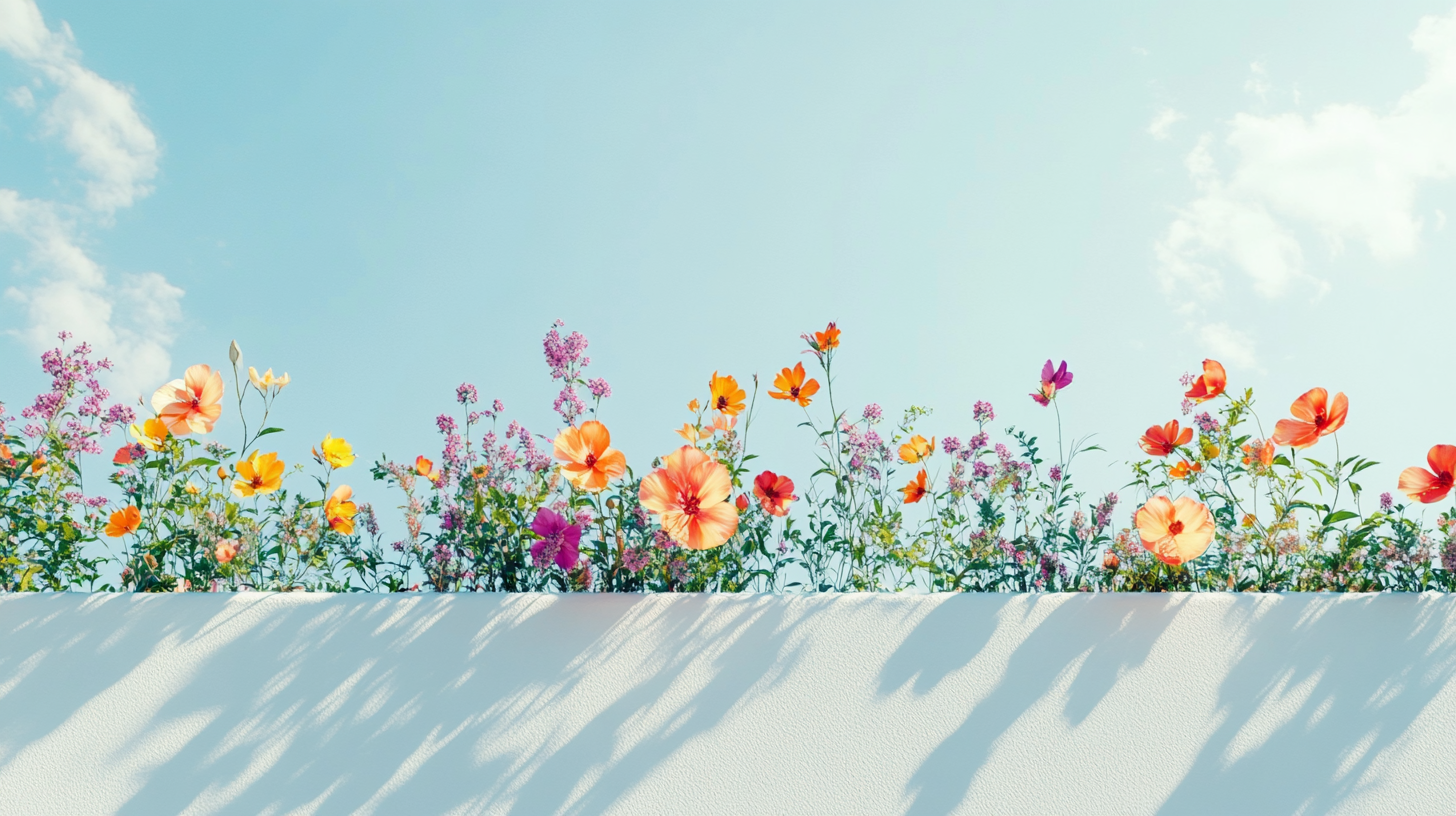 Colorful blossoms on white wall under azure sky