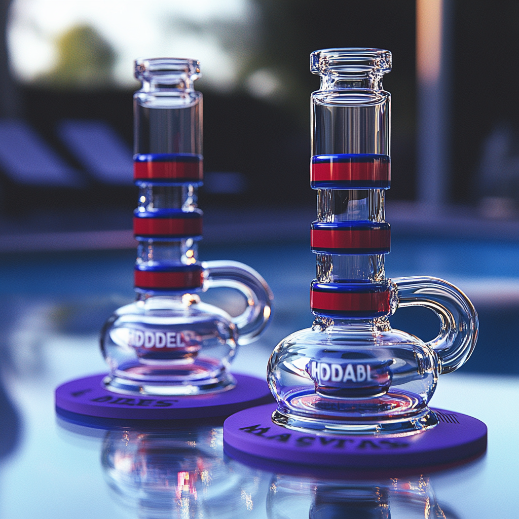 Colorful bongs on purple mat and glass table