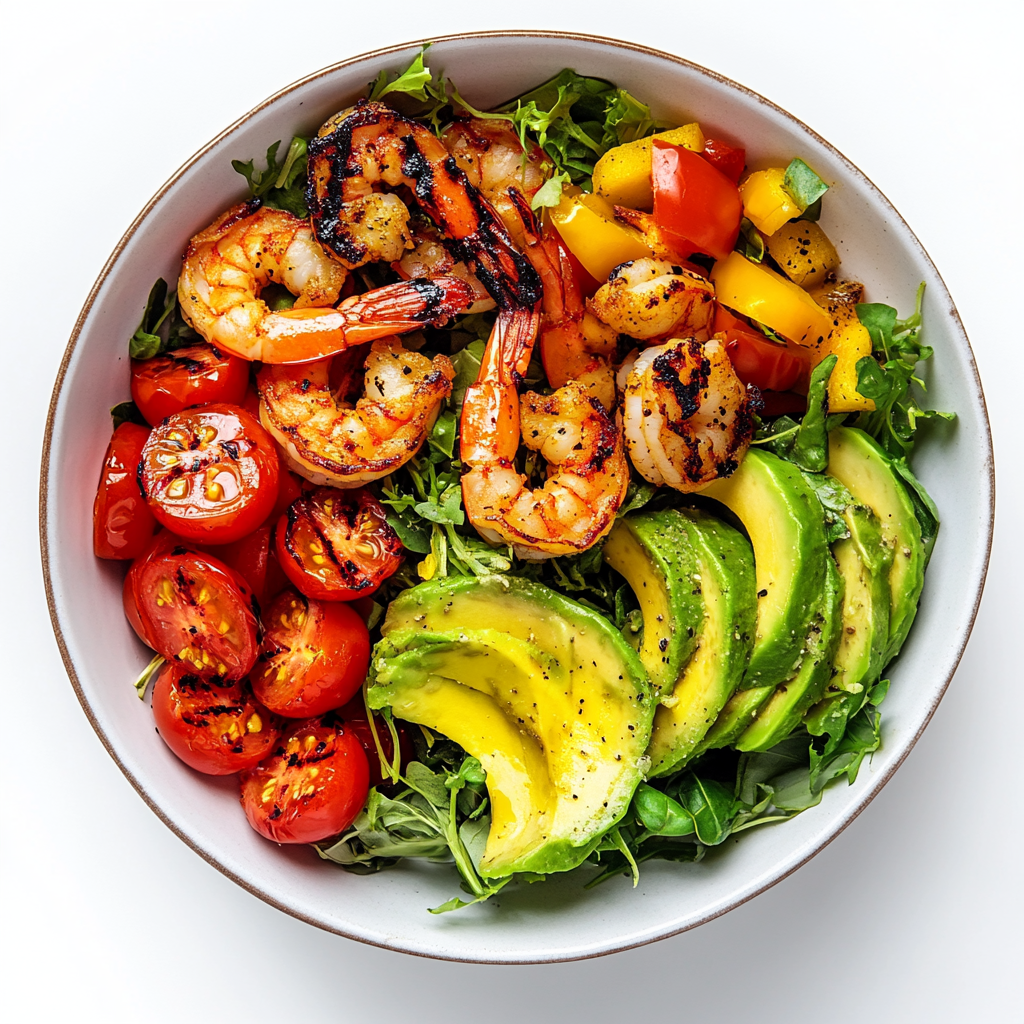 Colorful bowl of healthy grilled shrimp and vegetables