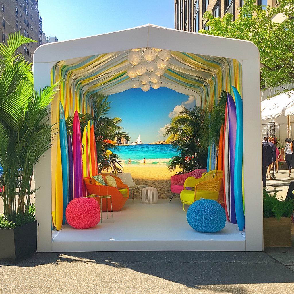 Colorful cabana and surfboards in tent photo op