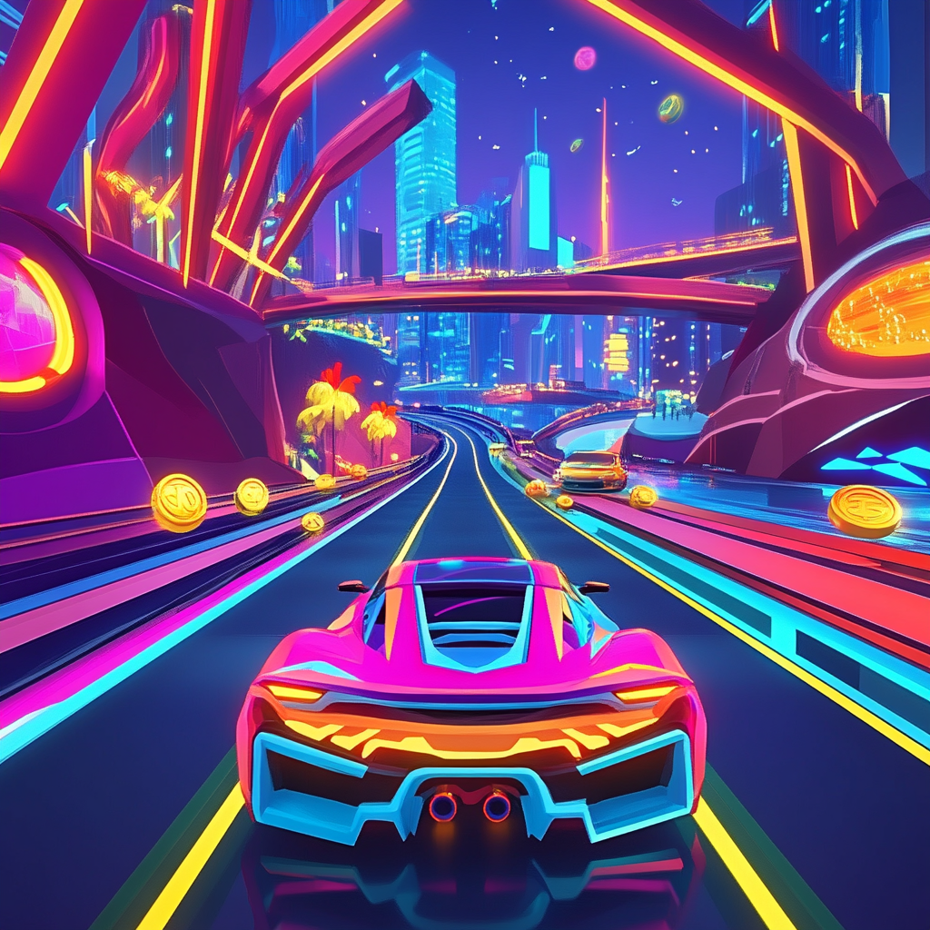 Colorful cars racing through city with neon skyscrapers.