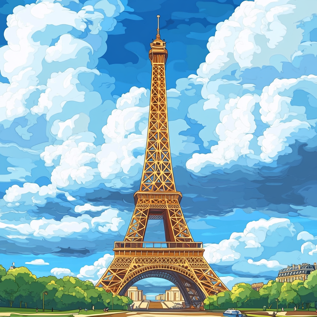 Colorful cartoon Eiffel Tower in Paris with clouds