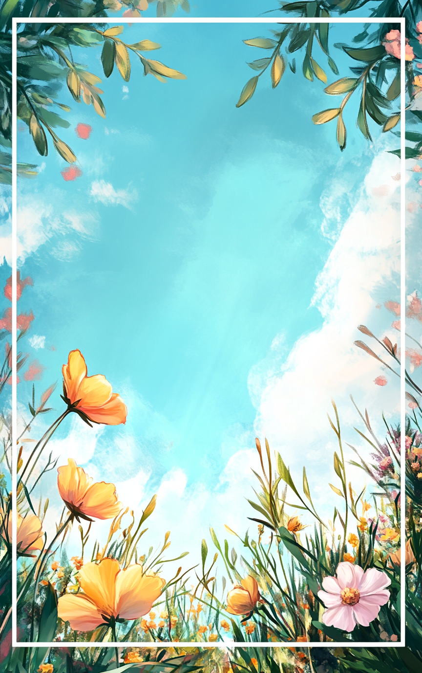 Colorful cartoon garden with flowers under sky