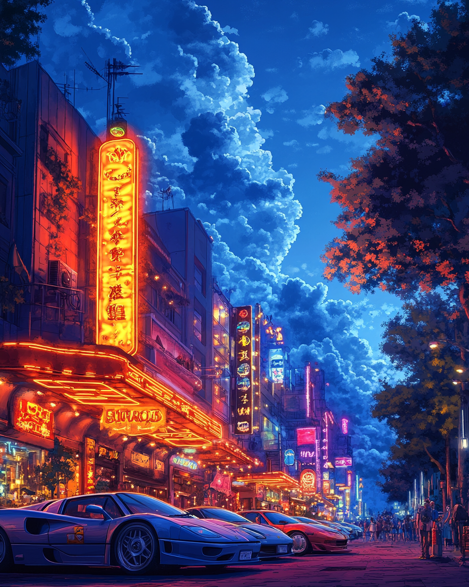 Colorful cartoon illustration of downtown night club with cars.