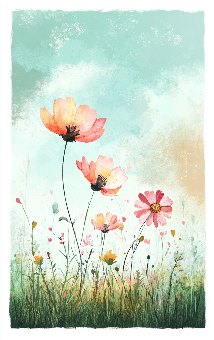 Colorful cartoon style drawing of flowers and grass