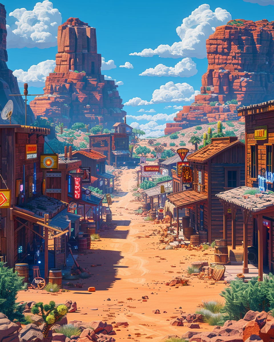 Colorful cartoon style illustration of high-tech western town.