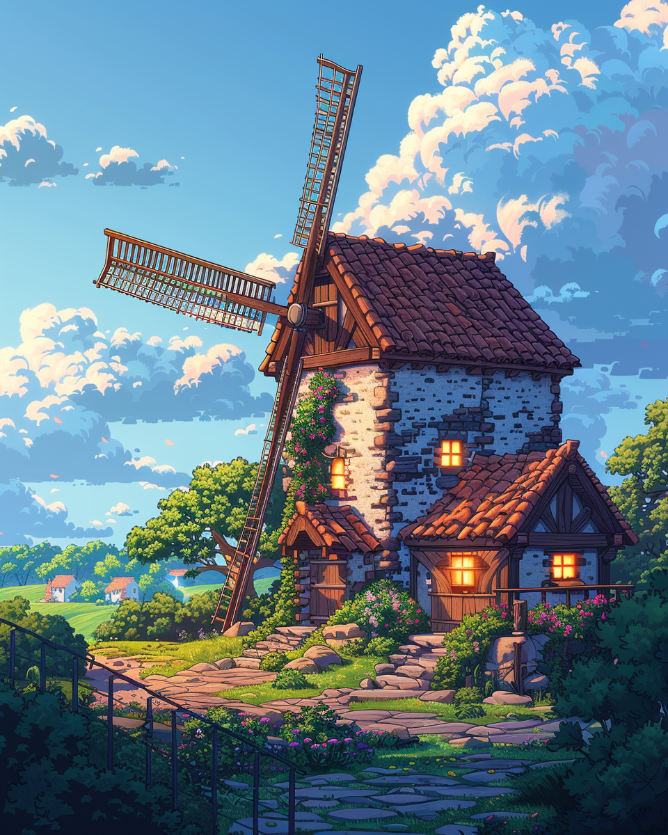 Colorful cartoon windmill powers village and Skyrim tools.