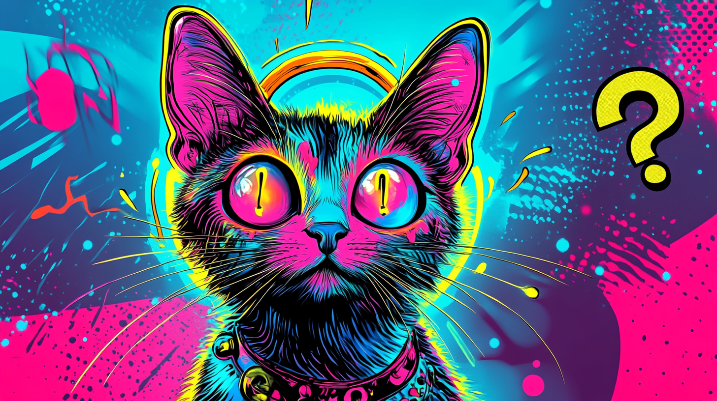 Colorful cat Bodhisattva with neon halo in surreal setting