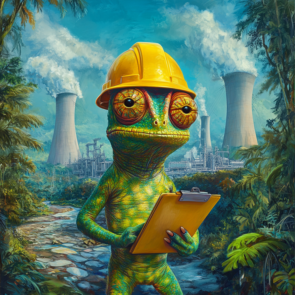 Colorful chameleon in hard hat at nuclear power plant