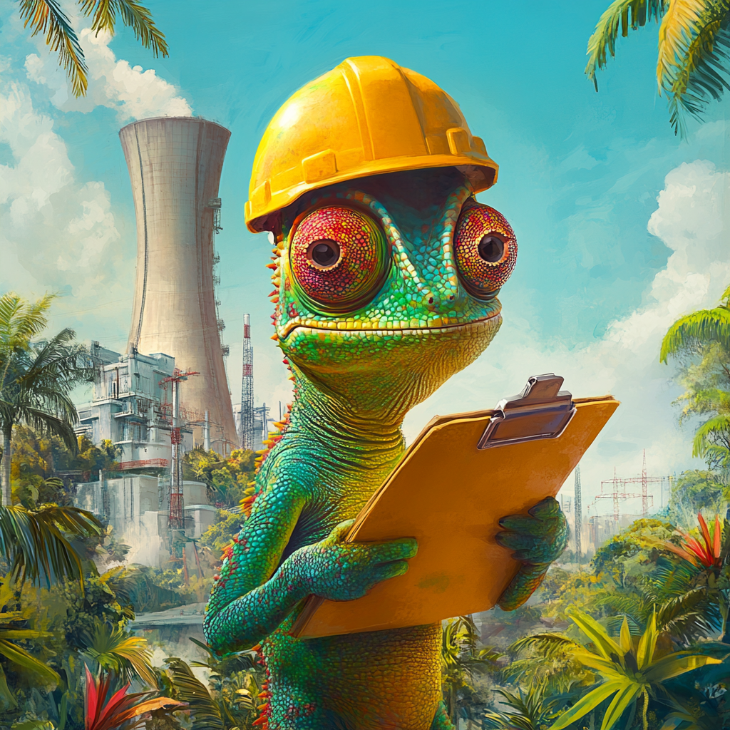 Colorful chameleon with hard hat at nuclear power plant.