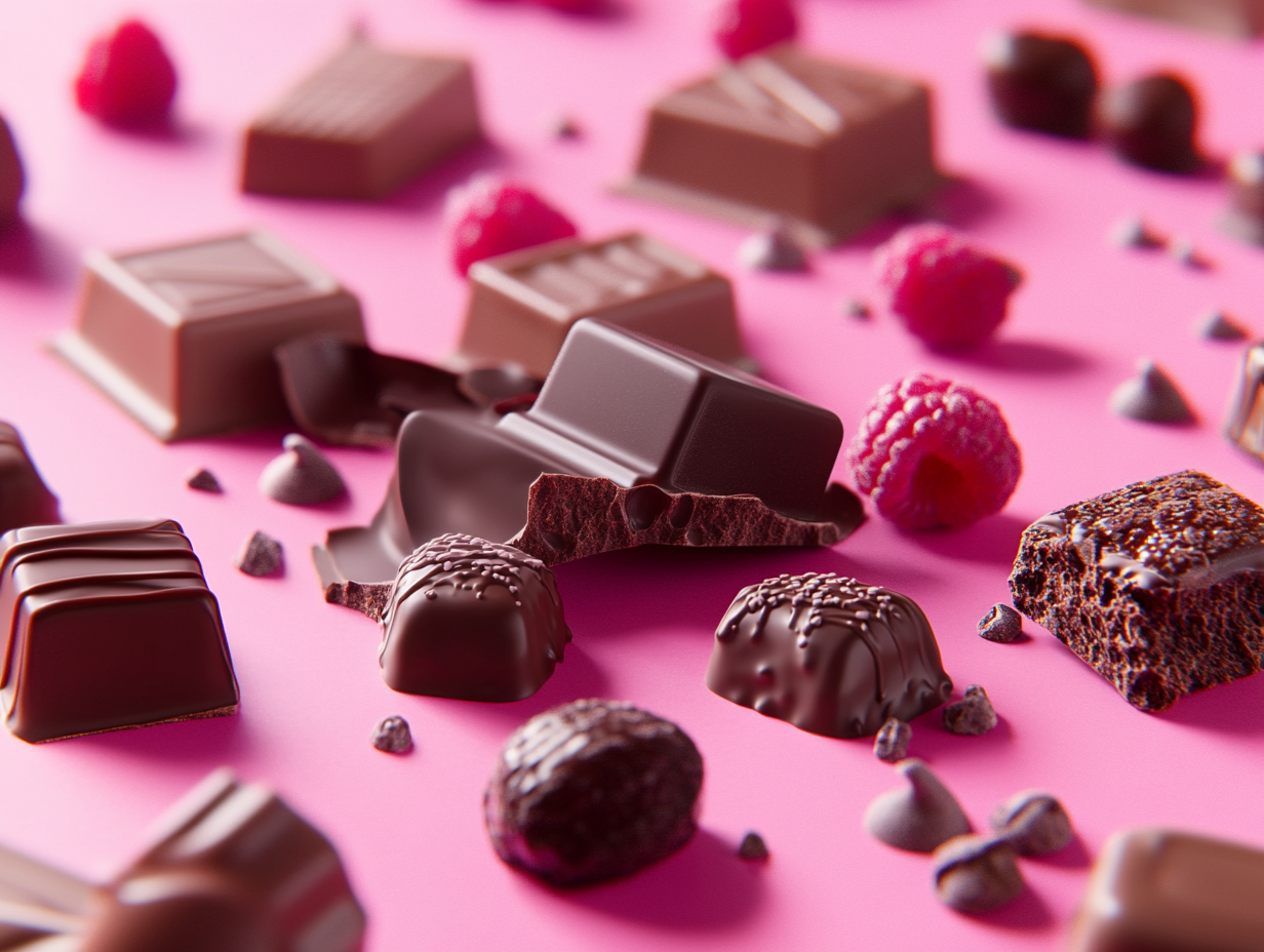 Colorful chocolates on pink background