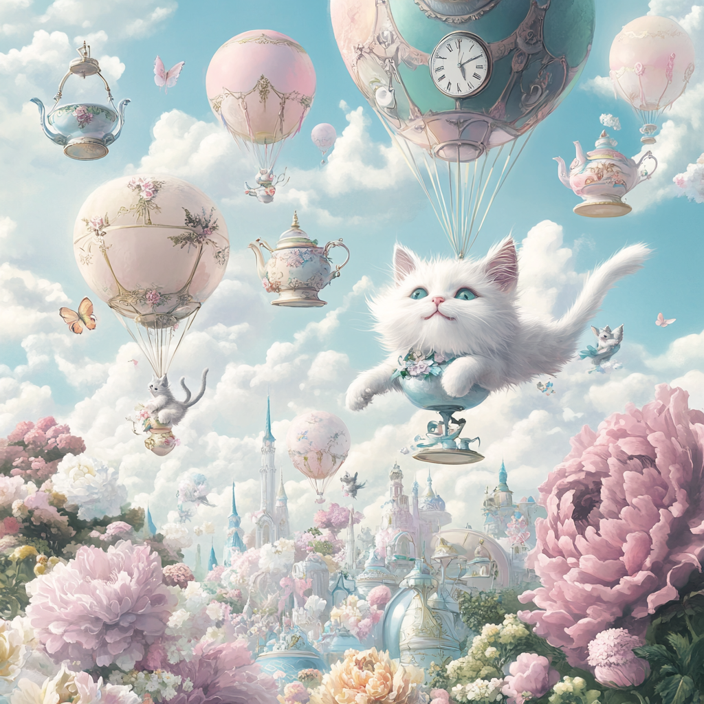 Colorful clouds, flowers, cats, balloons, teacups, clocks in sky.