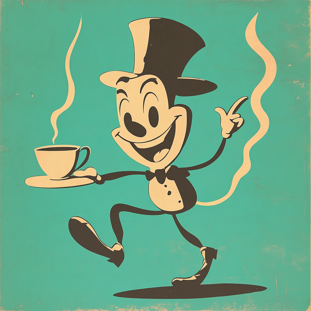 Colorful coffee character dancing with steam around him.