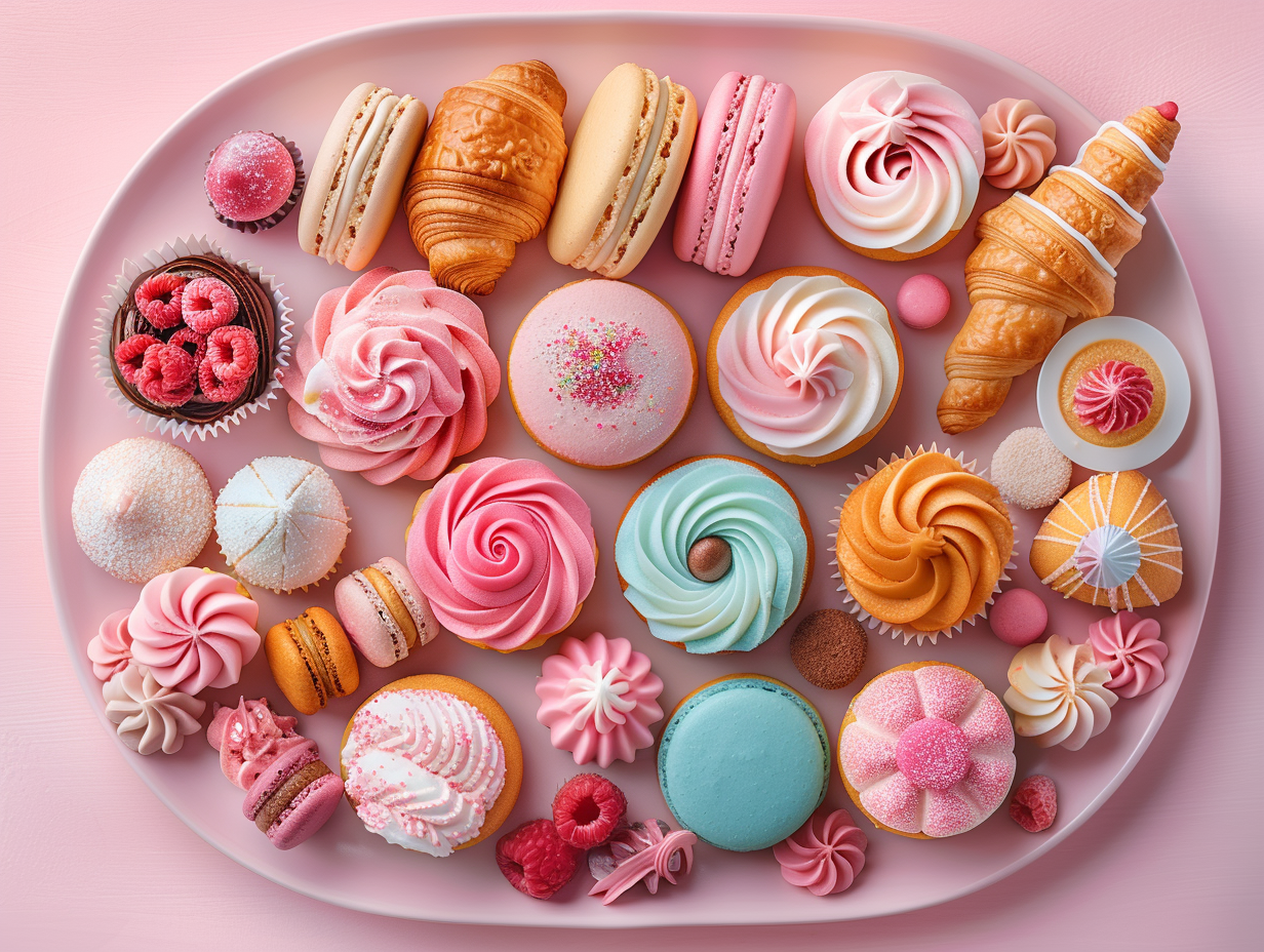 Colorful desserts on platter with detailed textures