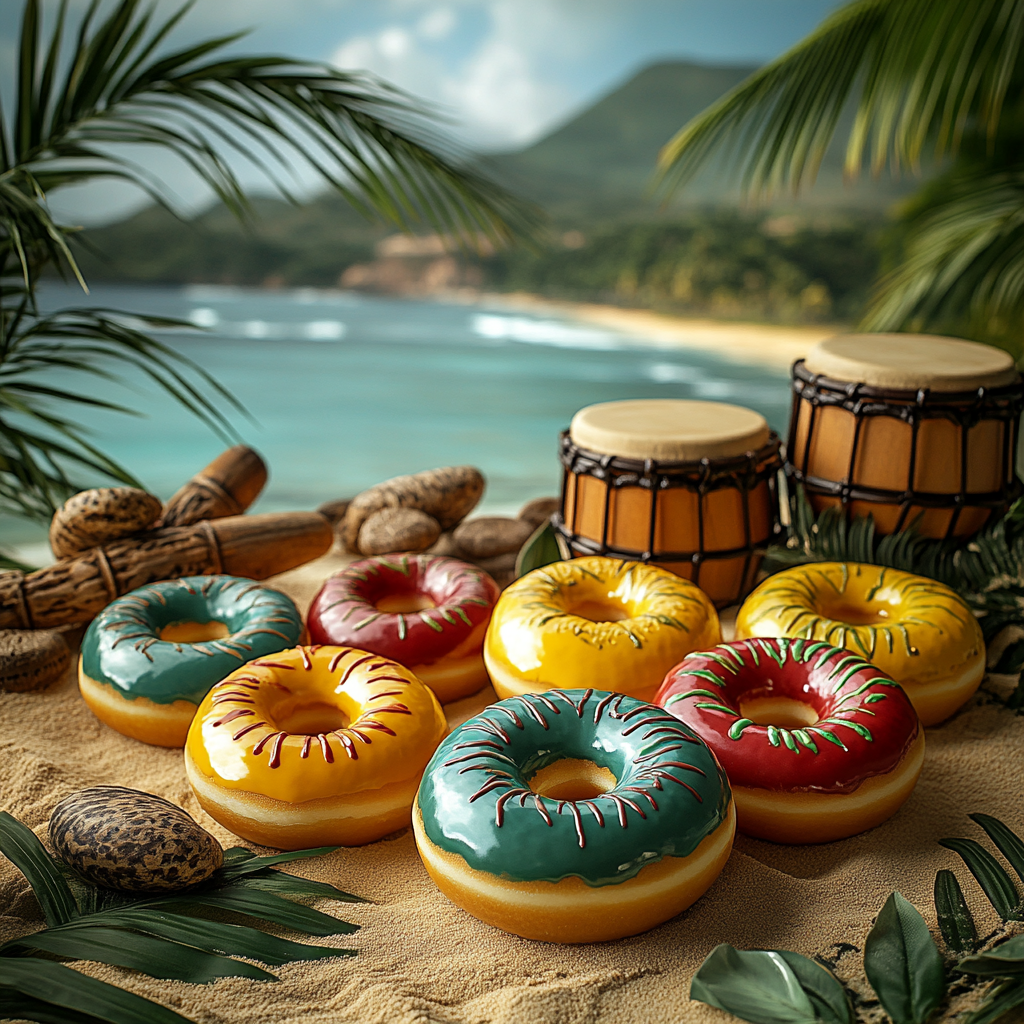 Colorful donuts on Jamaican beach with reggae decorations.