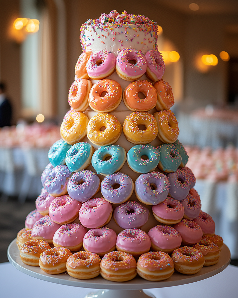 Colorful doughnut-themed wedding cake on pedestal stand