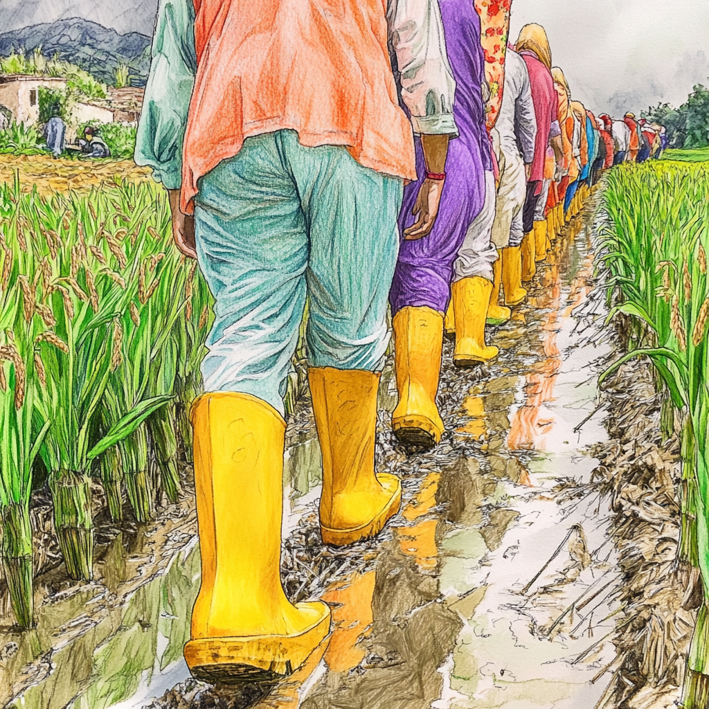 Colorful drawing of Iranian farmers cultivating rice, symmetrical like Wes Anderson's film.