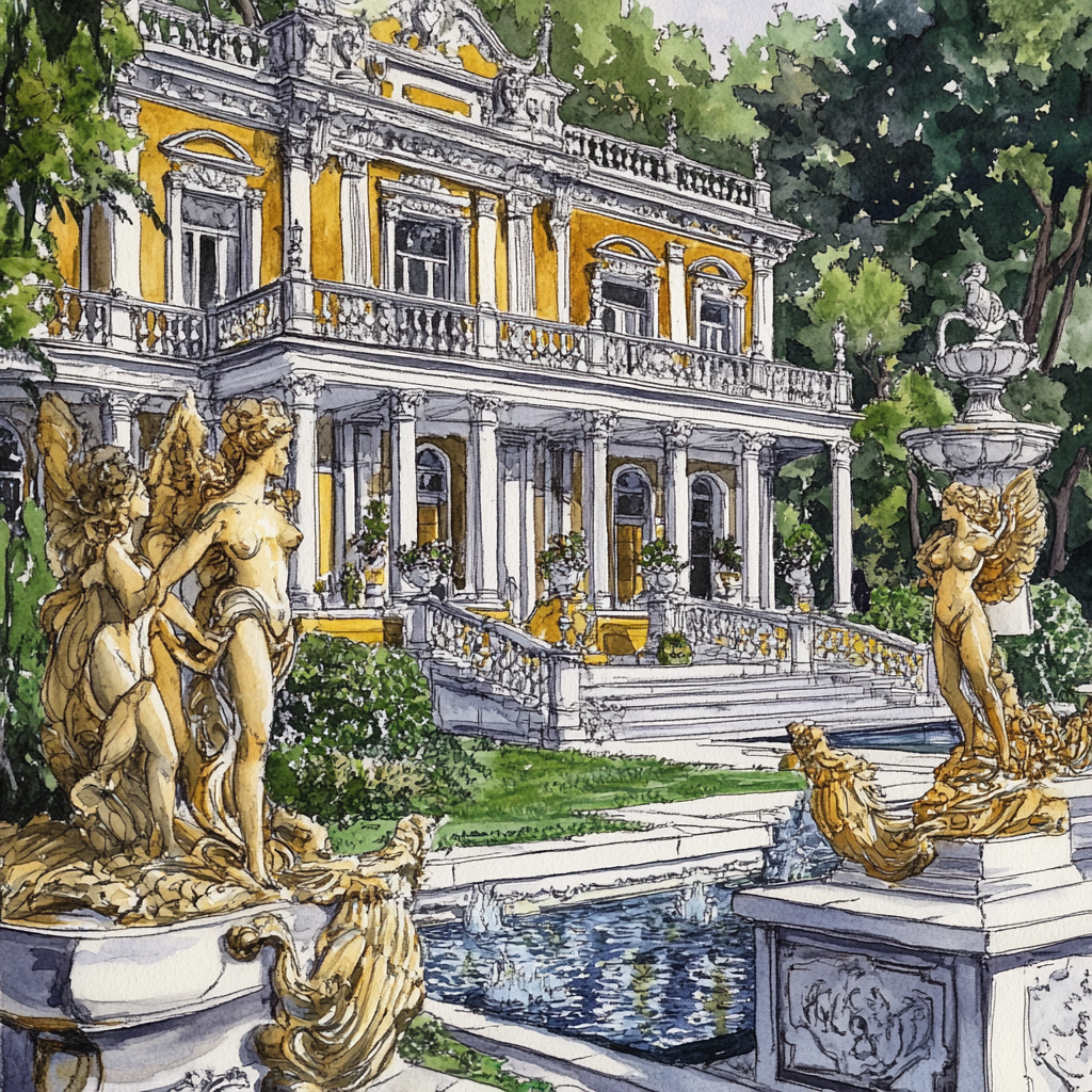 Colorful drawing of extravagant plantation manor with statues.