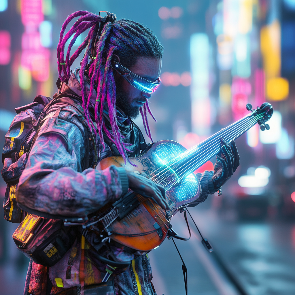 Colorful dreadlocks on futuristic street musician. Neonlit city scene.